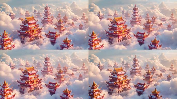 国风场景，云端之上的仙宫古代建筑群