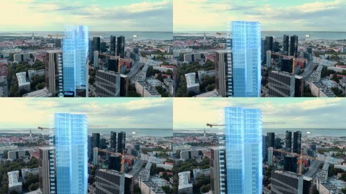 用VFX完成的航拍建筑施工:城市房地产开发现场用高科技3D图形大数据分析进行改造。可视化城市设计进展