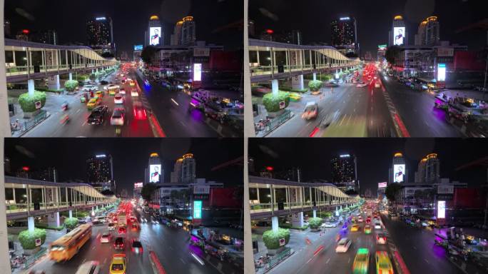 延时摄影城市夜景街道车流泰国曼谷旅游地标