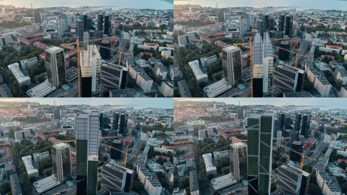 用VFX完成的建筑施工的空中无人机:城市房地产开发现场转换与现实的3D图形。城市设计进程的AR可视化