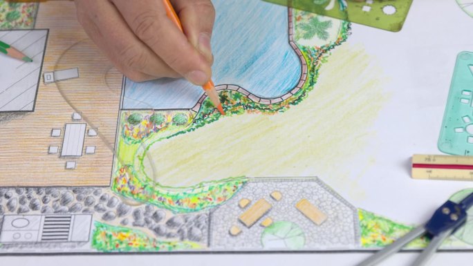 园林设计专业学生通过手绘学习园林平面设计。