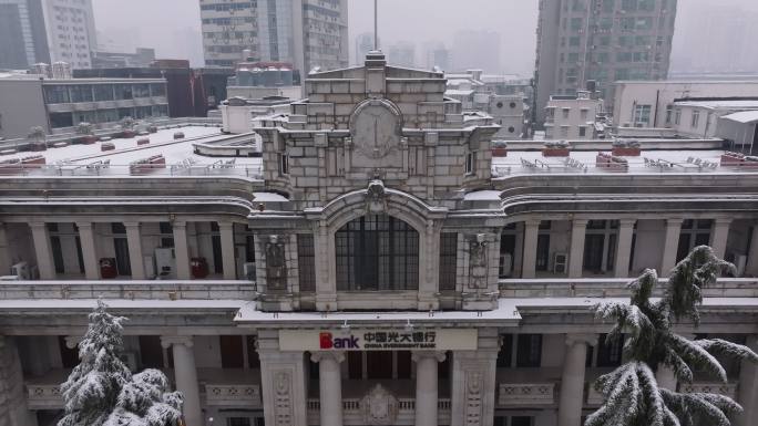 4k航拍武汉汉口武汉港大雪雪景
