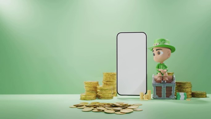 数字财富:小妖精雕像与金币和智能手机绿色背景