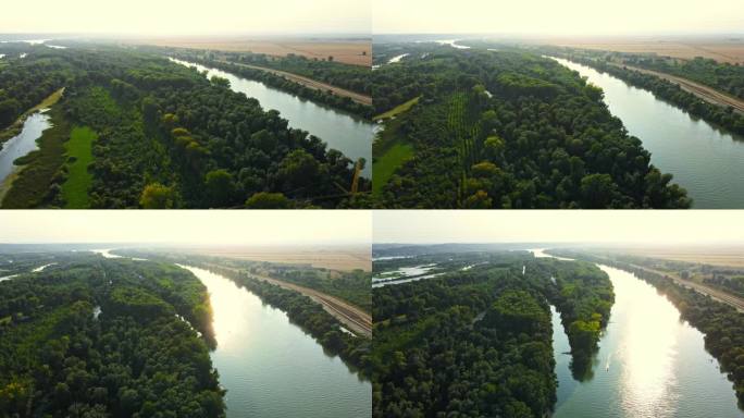 无人机拍摄的多瑙河上大片河岛被洪水淹没，被树木覆盖