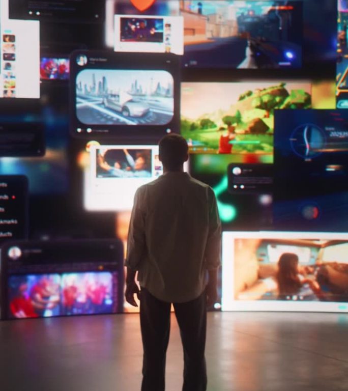 垂直屏幕:白人男子的后视图进入三维网络空间与动画社会媒体界面，在线游戏，视频，互联网内容。爱好者冲浪
