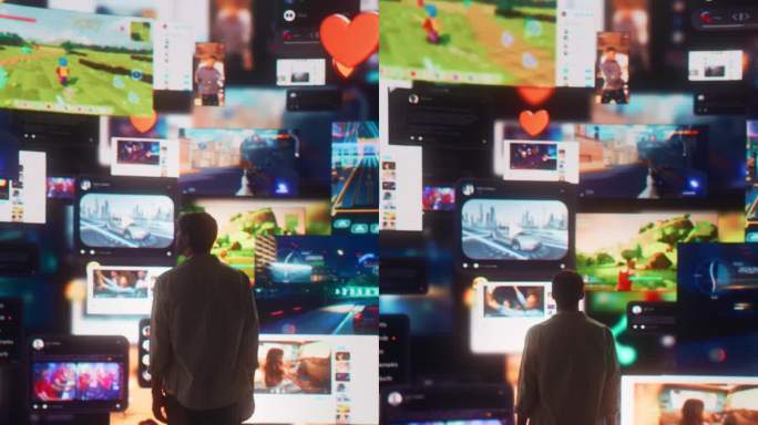 垂直屏幕:白人男子的后视图进入三维网络空间与动画社会媒体界面，在线游戏，视频，互联网内容。爱好者冲浪