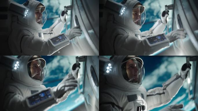 一位英俊的年轻宇航员在外太空调查卫星的肖像。身着太空服在飞船外执行舱外活动的训练有素的专业人员