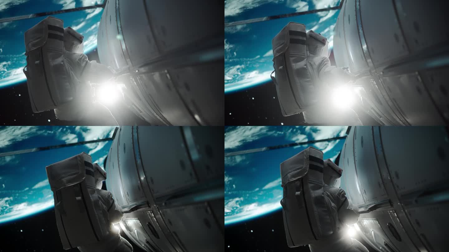 宇航员在远离地球的外太空执行舱外任务。在零重力的服务过程中，勇敢的人抓住把手，慢慢地移出空间站