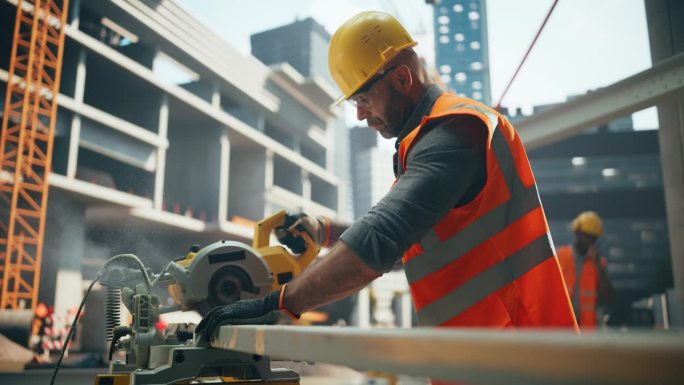 一个英俊的建筑工人在建筑工地上使用木材切割机的肖像。一名在户外工作的中年男子，帮忙切割一套室内工程的