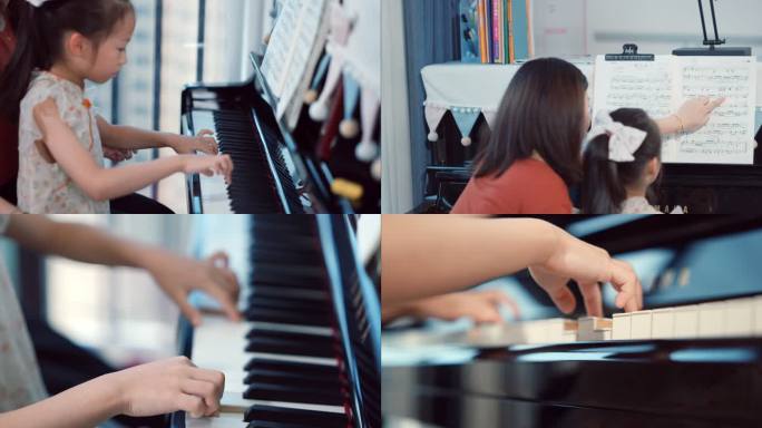 4K妈妈带着女儿练习钢琴