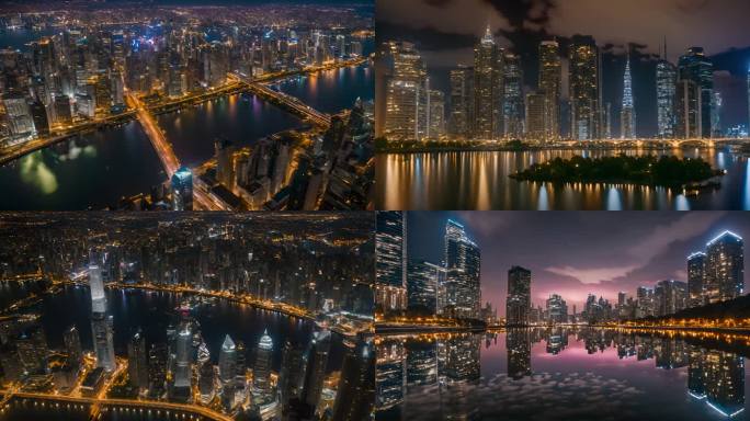 印象风格夜晚城市天际线的美景动画