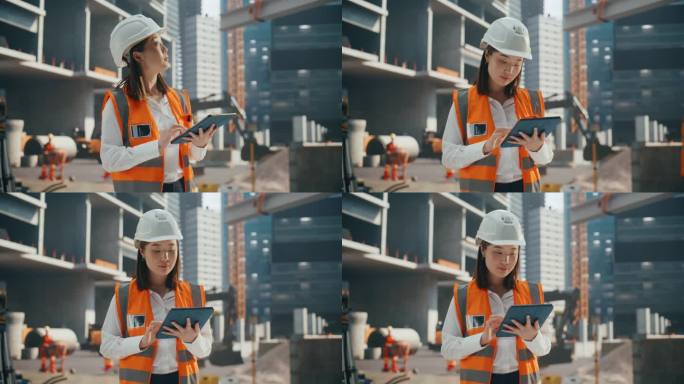 担任土木工程师的亚洲女建筑师。日本年轻女性用平板电脑应用程序规划、设计和建造城市街区的商业地产