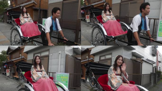 在传统的日本小镇上，穿着和服/袴的妇女在人力车上挥手