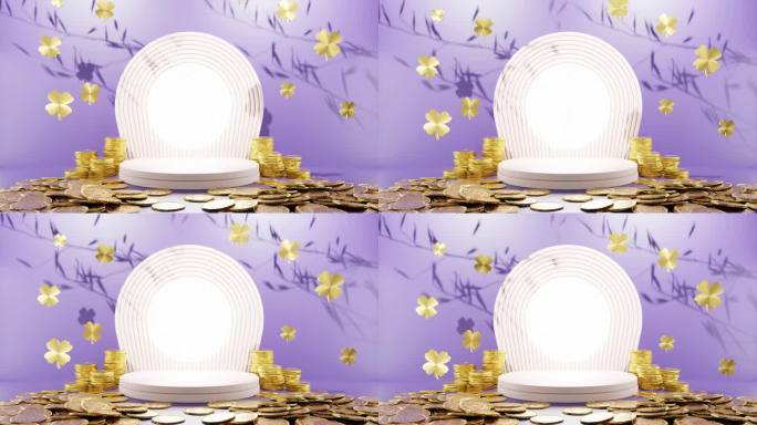 繁荣盛开:金币和三叶草叶子围绕一个白色圆形显示紫色背景模型
