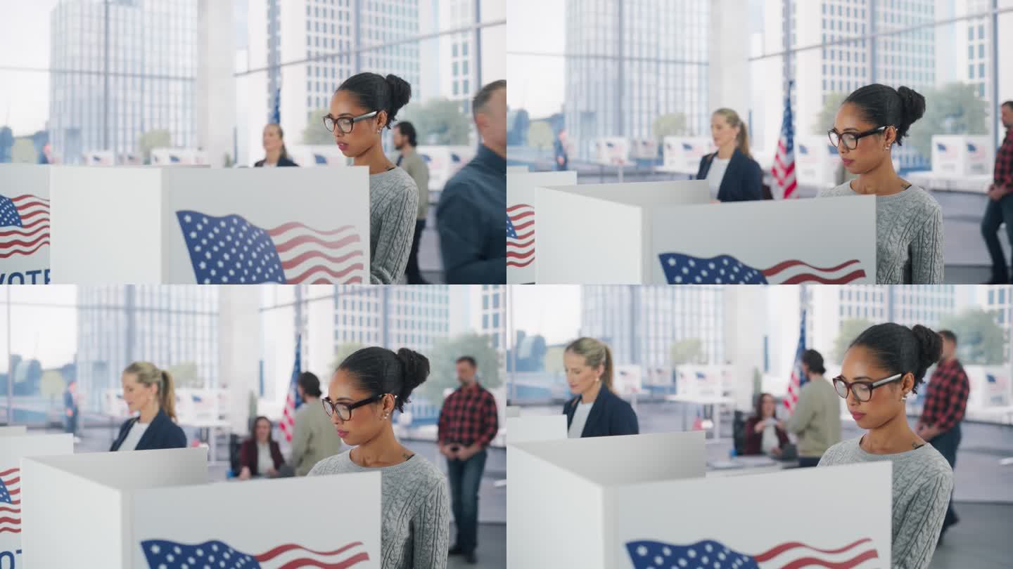 美国全国大选当天，一位年轻漂亮的黑人妇女在投票站旁填写选票。不同的男性和女性对当选官员的投票