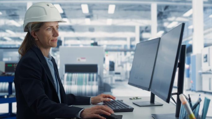 在电子厂办公室里，白人女工业工程师在台式电脑上开发电路主板的原型。现代技术研究开发中心。