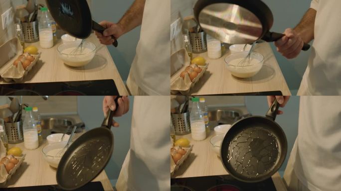 一位男厨师手持油锅的特写镜头