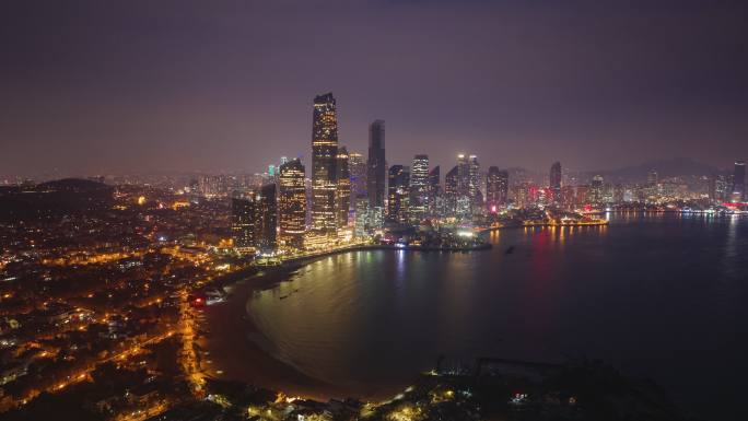 4k航拍青岛香港西路天际线夜景延时