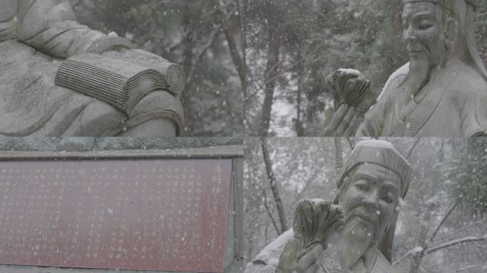 药圣李时珍雕像雪景灰片
