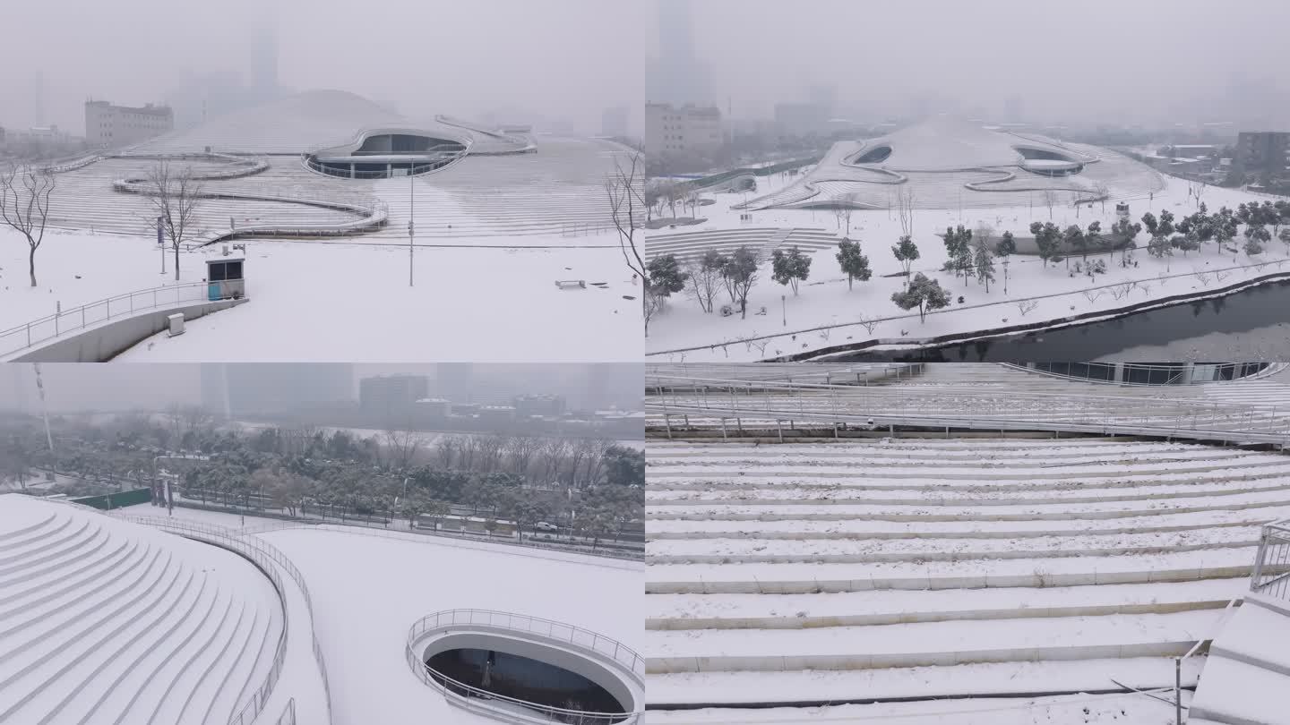 4k航拍武汉汉阳琴台美术馆大雪雪景