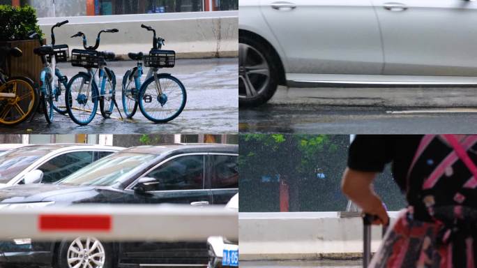 城市马路下雨天雨水雨滴街景街道街头汽车车