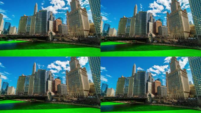 在圣帕特里克节，芝加哥，伊利诺伊州，美国，美国芝加哥，芝加哥城市景观摩天大楼与芝加哥河的延时拍摄