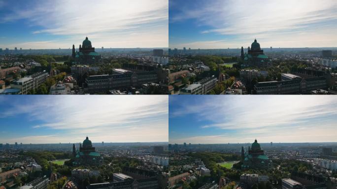 4K鸟瞰图布鲁塞尔国家大教堂的实时镜头以上的城市视图，无人机起飞在布鲁塞尔，比利时，欧洲