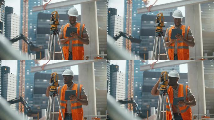 穿着高能见度背心和安全帽的非洲熟练工人正在用全站经纬仪设计建筑现场布置图。英俊的土木工程师在建筑行业