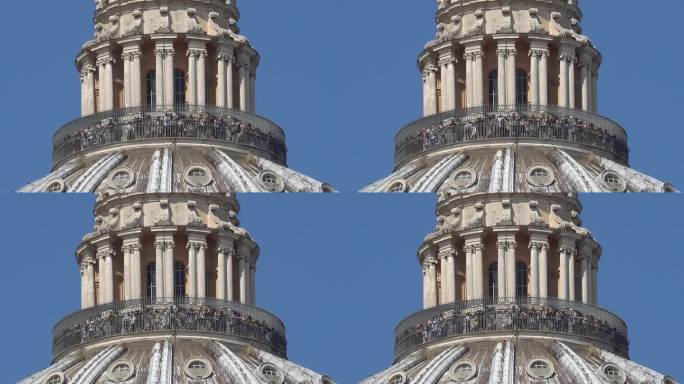 梵蒂冈城。一群游客在圣彼得大教堂的圆顶上。罗马。4 k。