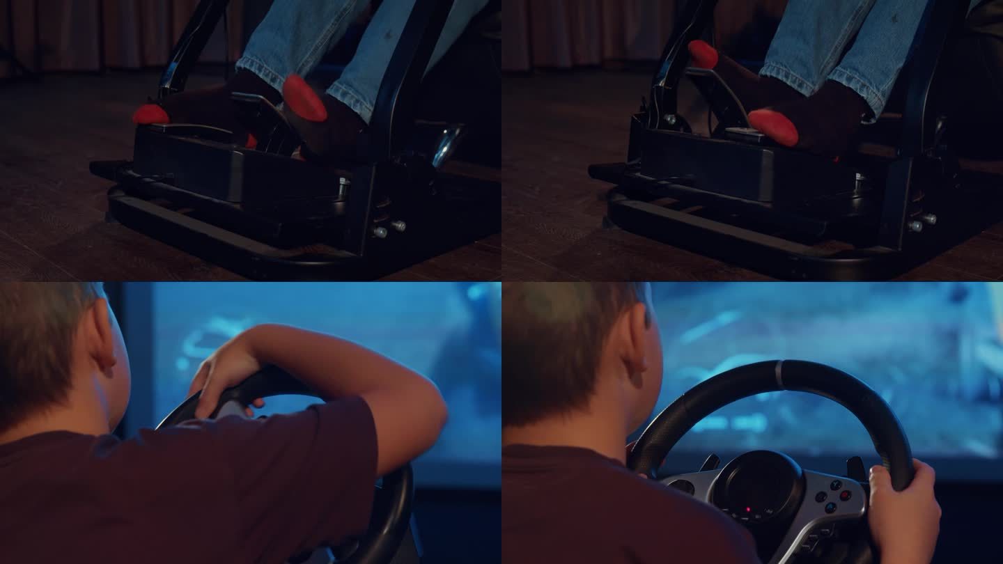 男孩在玩赛车轮的电脑游戏，踩油门和刹车踏板