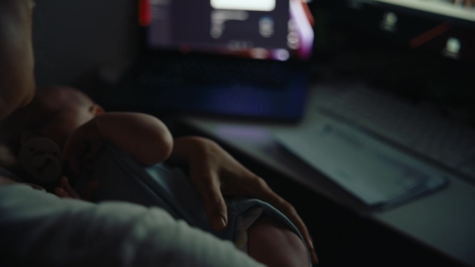 在黑暗的家庭办公室里，母亲背着熟睡的男婴使用台式电脑的镜头。居家办公。