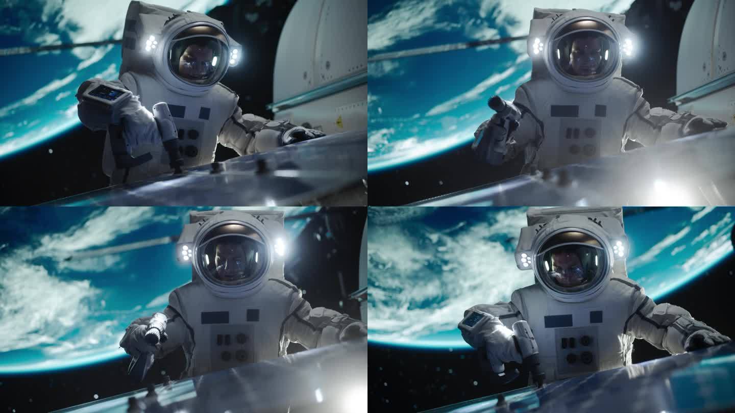 专业宇航员在外太空进行例行维护检查，为航天器外的太阳能电池板检修。空间技术、可持续绿色能源与探索理念