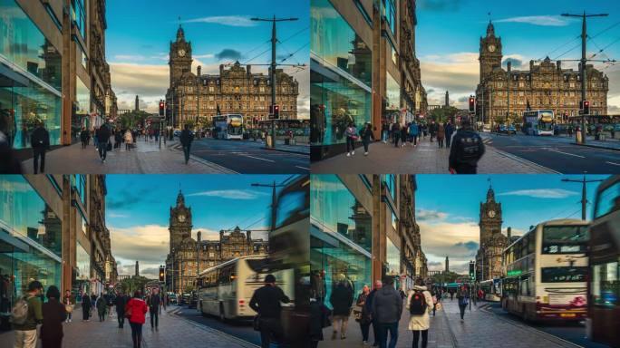 拥挤的通勤者和游客在高峰时间在公主街的新镇购物中心散步，可以看到爱丁堡斯科特纪念碑，英国，英国