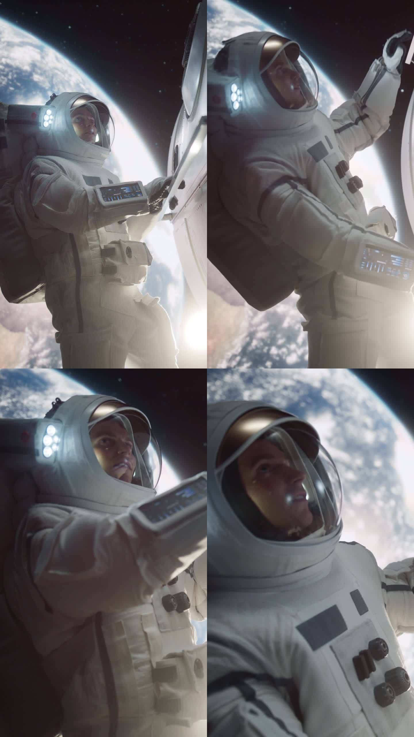 垂直画面:年轻男宇航员在外太空进行飞船维修和检查。身着太空服的训练有素的专业人员在飞船外执行舱外任务