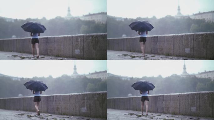 雨中的幸福:小女孩在倾盆大雨中撑伞的快乐