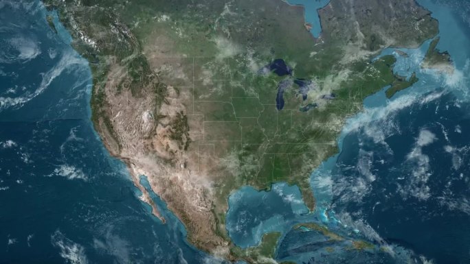 从地球到德克萨斯-墨西哥边境。美国的卫星视图，Epic照片真实的4K分辨率，从外太空到城市的现实地球