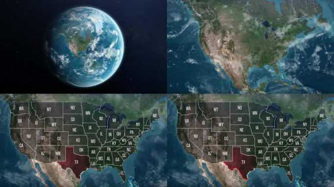 从地球到德克萨斯-墨西哥边境。美国的卫星视图，Epic照片真实的4K分辨率，从外太空到城市的现实地球