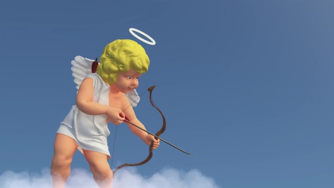 有趣的天使丘比特带着翅膀在蓝色背景的云上跳舞，并从弓上射出箭。3d爱情背景。情人节的概念。邀请参加婚
