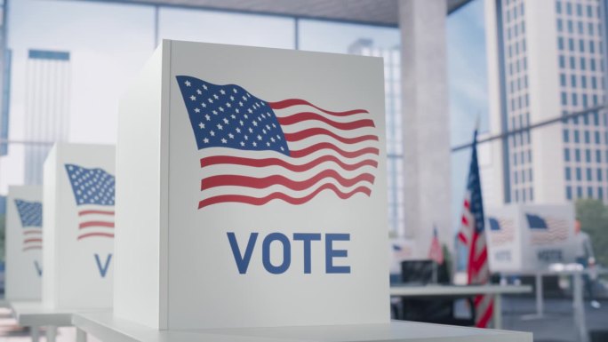 选举日建立录像。现代化的投票站，在商业中心设有美国国旗的投票站。民主美国的正式总统选举