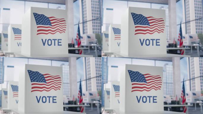 选举日建立录像。现代化的投票站，在商业中心设有美国国旗的投票站。民主美国的正式总统选举