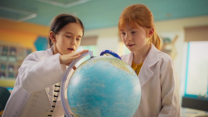 聪明女孩在小学地理作业中的实验与研究。可爱的小学生用地球仪和放大镜放大地图上的目的地