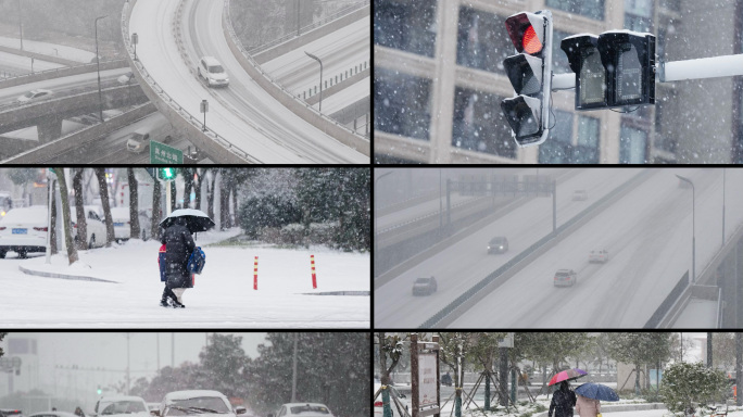 【4K】城市雪天极端天气、汽车和行走的人