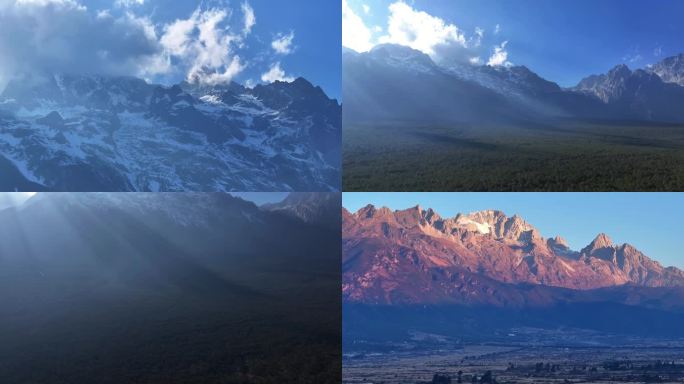 云南玉龙雪山细节长焦雪景耶稣光日照金山