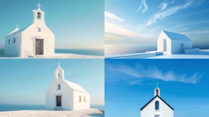 【合集】蓝天下地中海海边的唯美白色小教堂