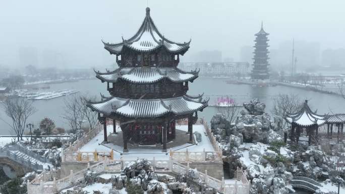 雪景曹州古城航拍