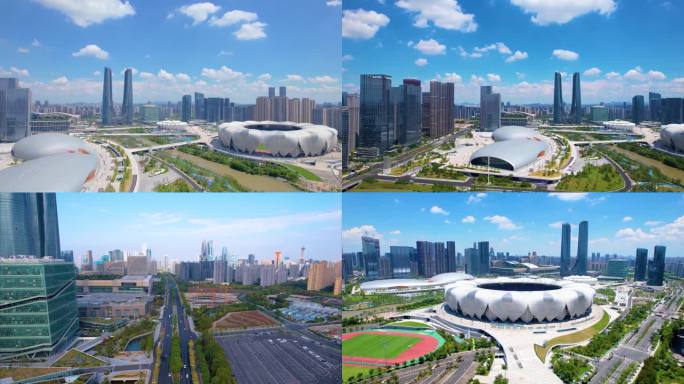 浙江杭州萧山区亚运会奥体中心航拍延时旅游