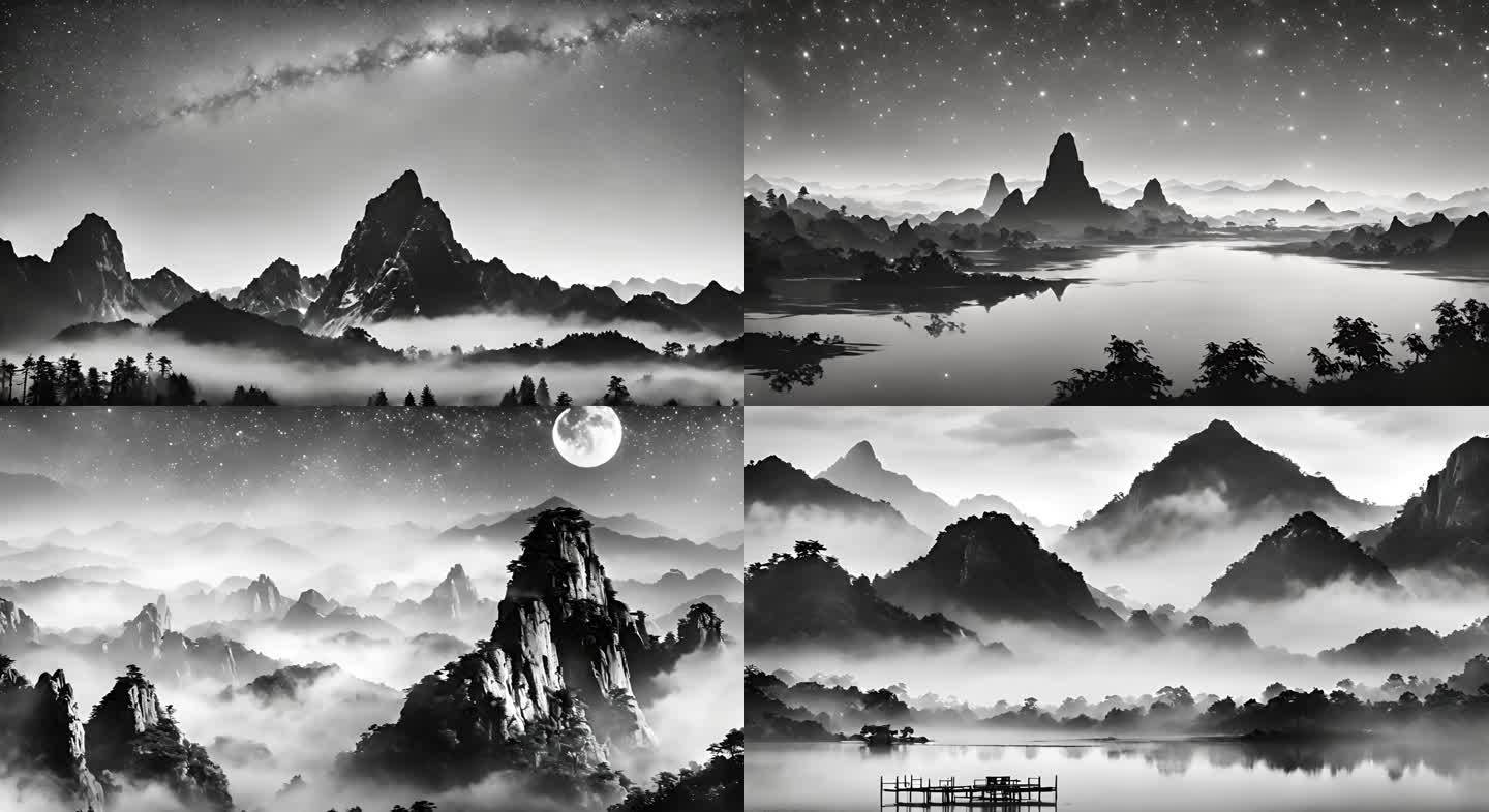 黑白中国风水墨意境山水素材合集