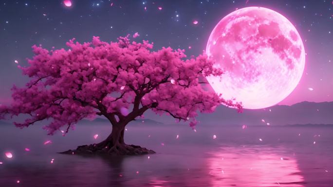 唯美桃树水面月亮背景