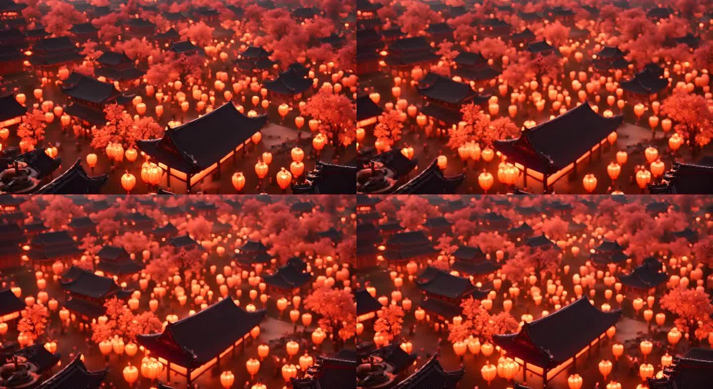 中式汉唐红色灯笼建筑 白天