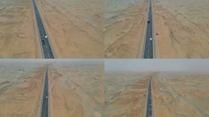 航拍汽车行驶在笔直的沙漠公路新疆高速公路
